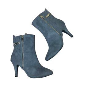 BELLINI Claudia Bootie Gray Suede Gold Zippers Booties Heels Size 8M